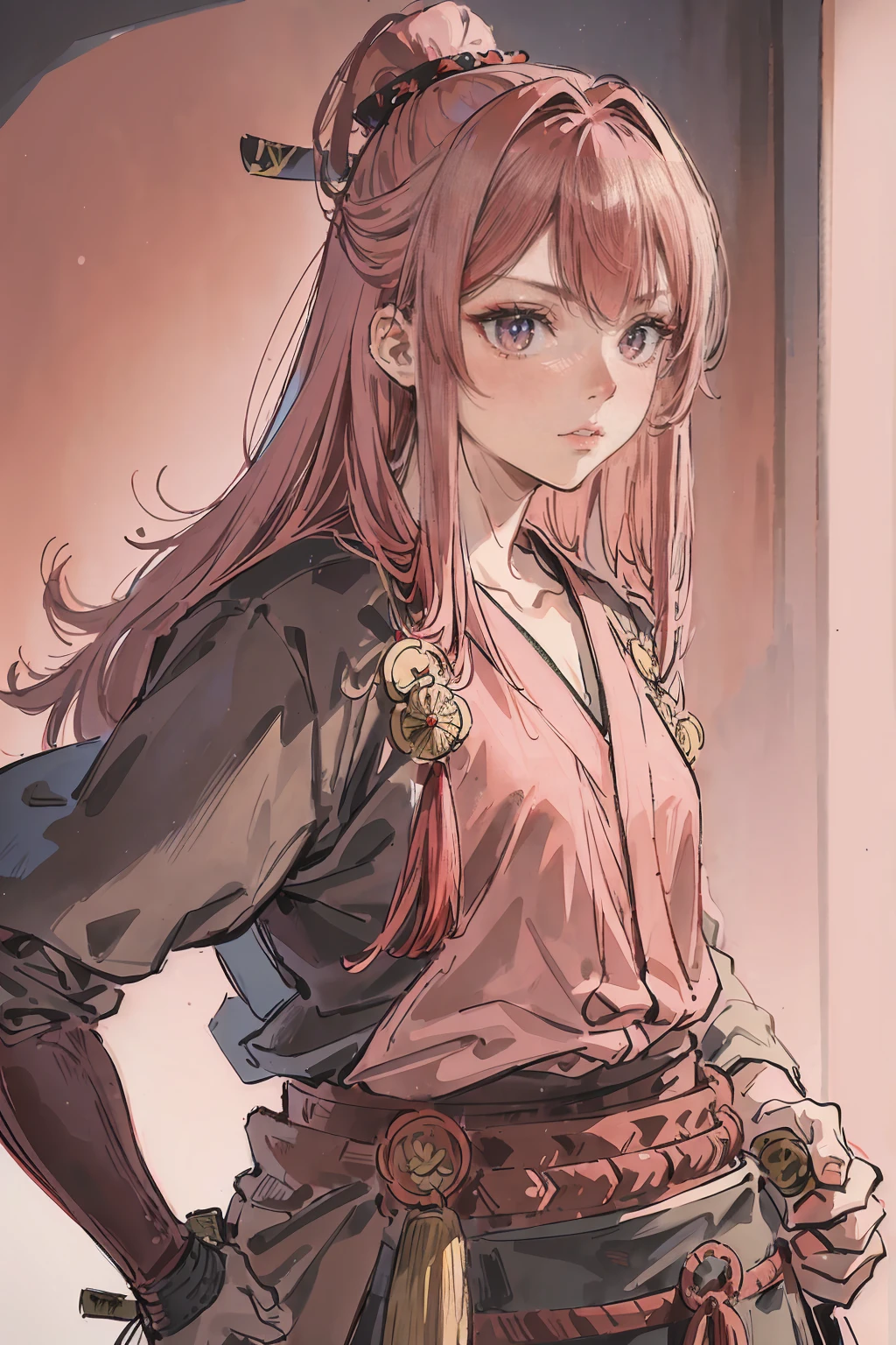 Rogue, a pink haired , wearing a red samurai armor, long hair, fasion hair, samurai armor, slim body, shirt ornament, hakama, tall 187cm, 25yearold, samurai, katana, female, beautiful