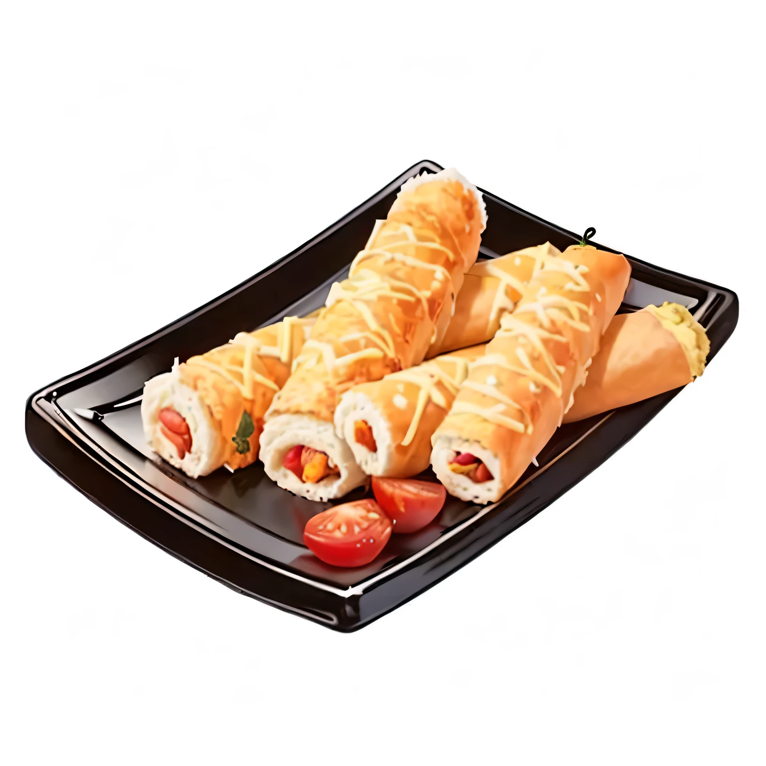 There are three rolls of food and a tomato on the plate, High-quality scans, Hyper-realistic food pictures, Kebabs, extremely High-quality scans, snack, pastry, Anime Food, How many, scarecrow, pastry, crackle, Detailed hot belly, Vector Image, Crisp Bread, ready to eat, Tuber, Otsutsuki Momoshiki