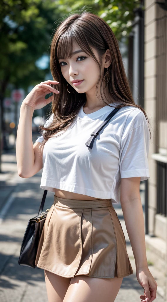 ((top-quality、8k、masterpiece:1.3))、sharp focus:1.2、Beautiful Women in Perfect Style:1.4、Slender Abs:1.2、((dark brown hair、Colossal tits:1.2))、(natural soft light、City Street:1.1)、Highly detailed facial and skin texture、A detailed eye、double eyelid、Sexy in miniskirt sailor suit、A slight smil