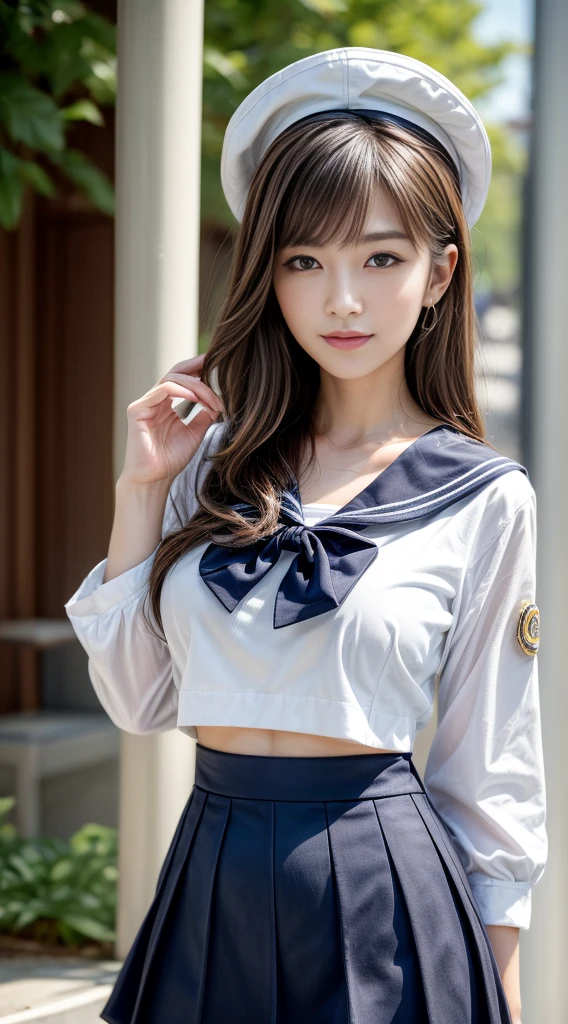 ((top-quality、8k、masterpiece:1.3))、sharp focus:1.2、Beautiful Women in Perfect Style:1.4、Slender Abs:1.2、((dark brown hair、Colossal tits:1.2))、(natural soft light、City Street:1.1)、Highly detailed facial and skin texture、A detailed eye、double eyelid、Sexy in miniskirt sailor suit、A slight smil