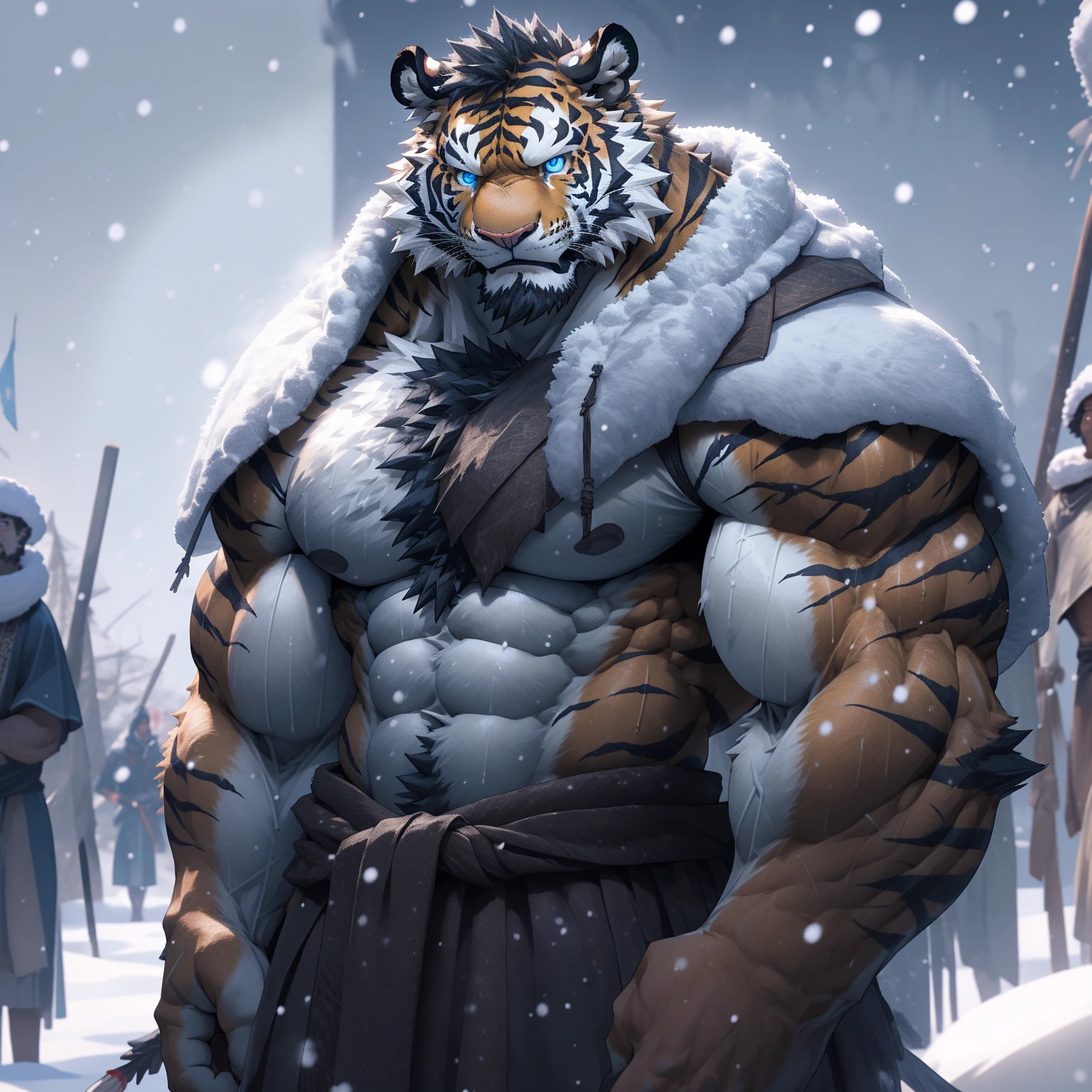sweaty muscular torso naked snowing swan feathers heavy snow winter village furry anthropomorphic chest hair serious face(Scars on the face) Mature (blue eyes)Huge muscle ripped abs wild,Tiger of tribal ambition