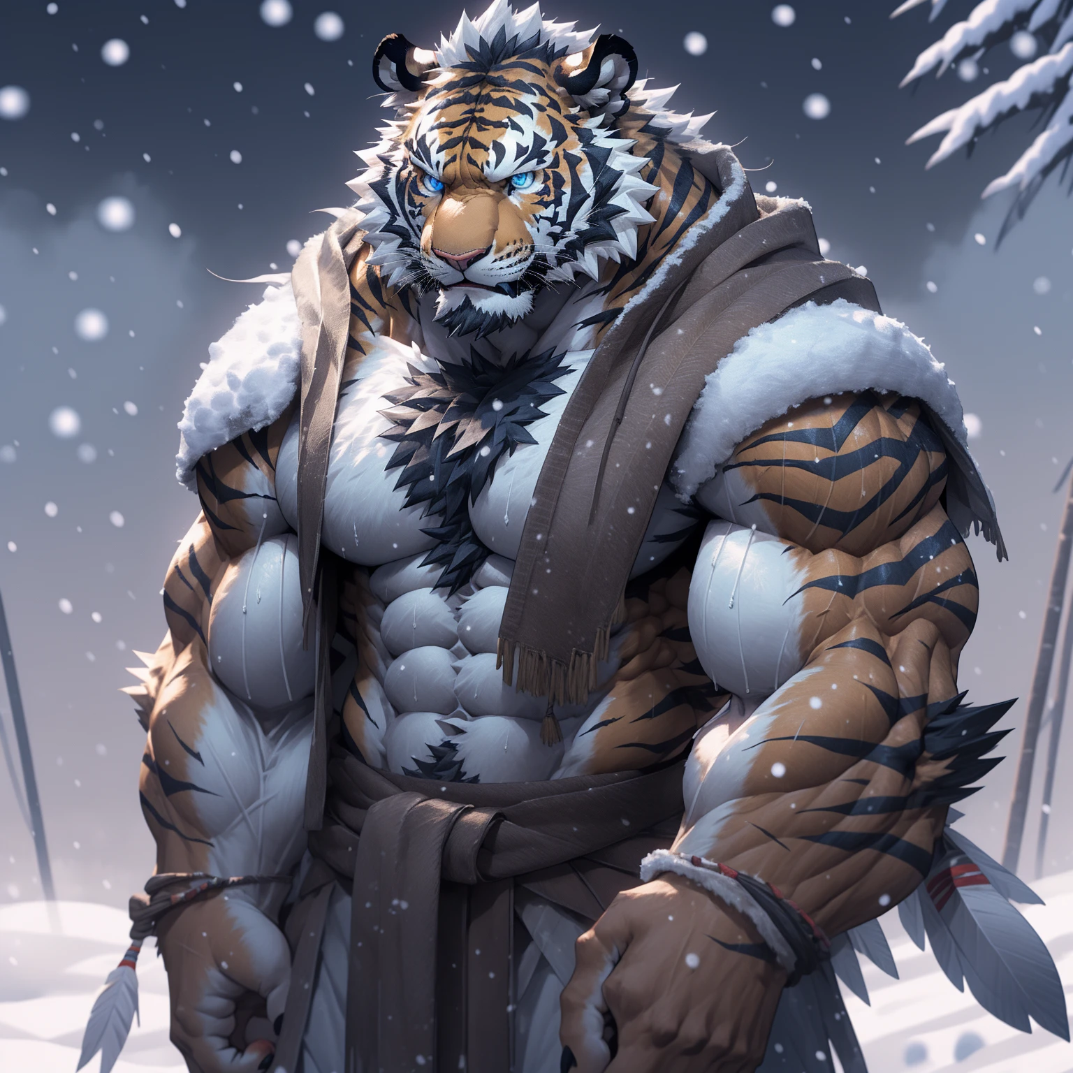 sweaty muscular torso naked snowing swan feathers heavy snow winter village furry anthropomorphic chest hair serious face(Scars on the face) Mature (blue eyes)Huge muscle ripped abs wild,Tiger of tribal ambition