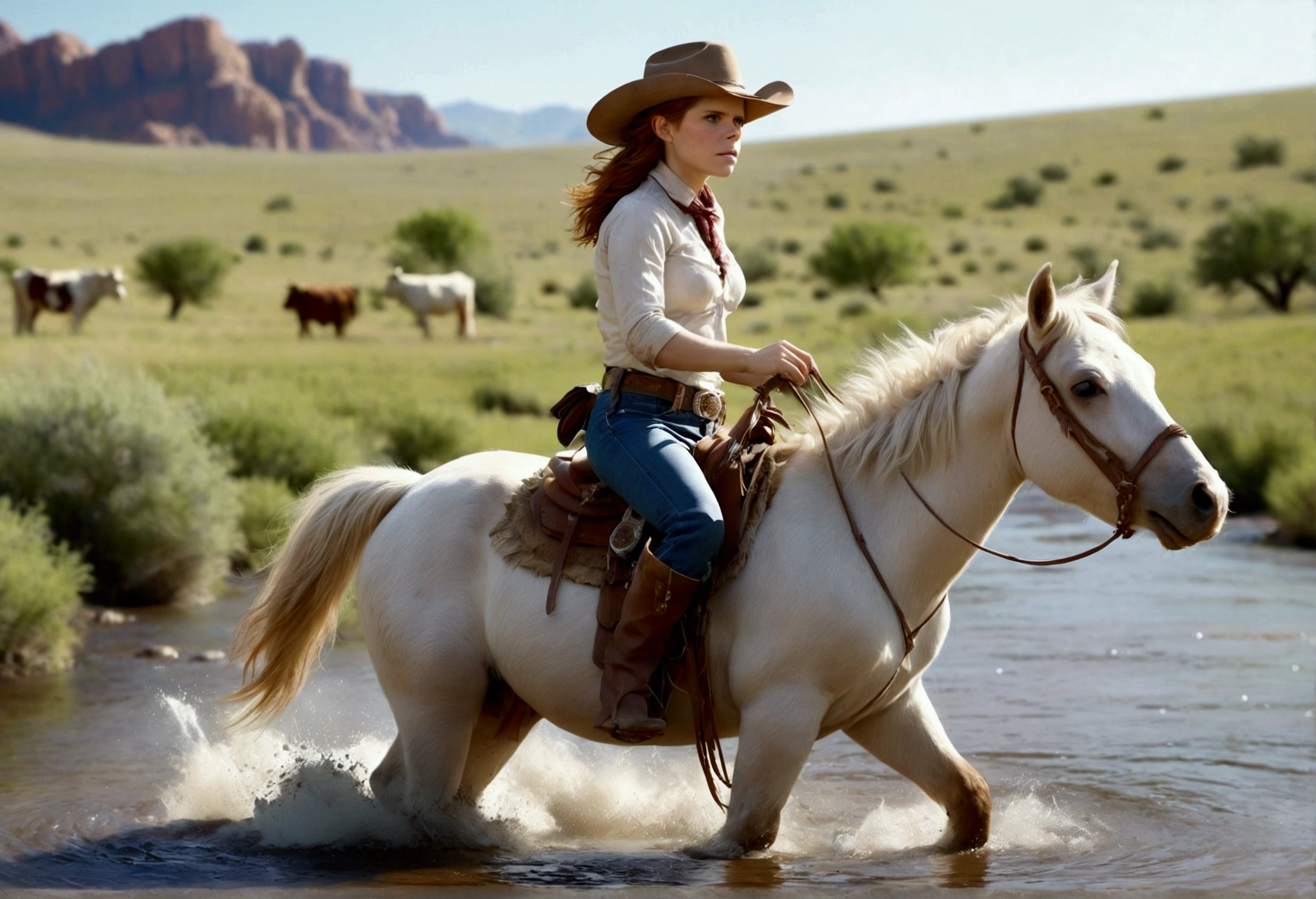 a young woman (Kate Mara, age 25), dirty and disheveled cowgirl outfit, riding a white pony, cattle drive, crossing a stream, rolling plains, masterpiece, hyper realistic, 8k, photorealistic, studio lighting, physically-based rendering, vibrant colors, cinematic lighting, natural environment, detailed texture, dynamic pose, depth of field