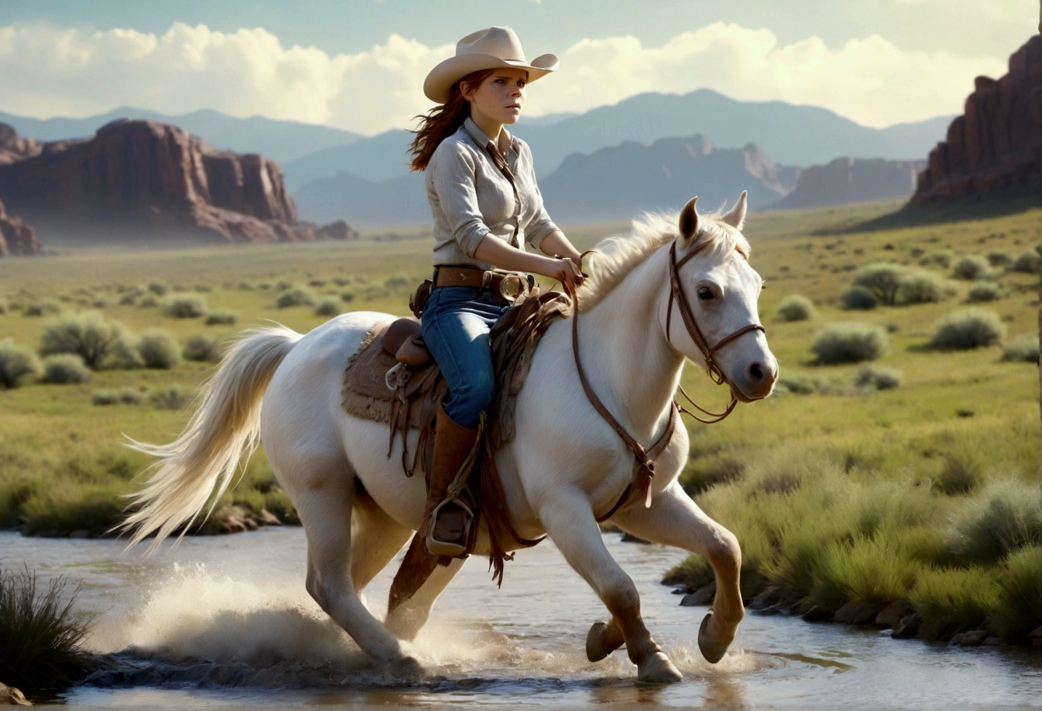 A cutee woman (Kate Mara, age 25, dirty and dingy, cowboy outfit dirty but mainly white) riding a white pony, she is part if a cattle drive crossing a stream, rolling plains