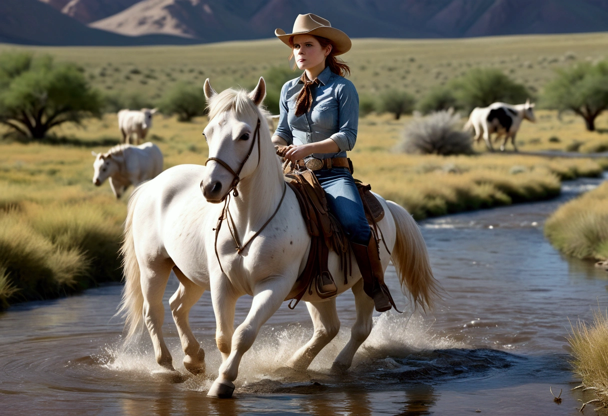 a young woman (Kate Mara, age 25), dirty and disheveled cowgirl outfit, riding a white pony, cattle drive, crossing a stream, rolling plains, masterpiece, hyper realistic, 8k, photorealistic, studio lighting, physically-based rendering, vibrant colors, cinematic lighting, natural environment, detailed texture, dynamic pose, depth of field