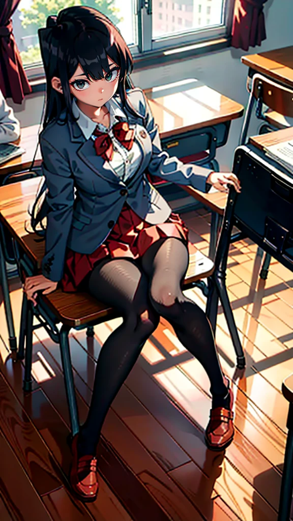 komiShouko, masterpiece, best quality, absurdres, 1girl, looking at viewer, v arms, pantyhose, classroom, , red skirt, red bow, blazer, Legs showing, beautiful legs, window, sitting, chair, crowd