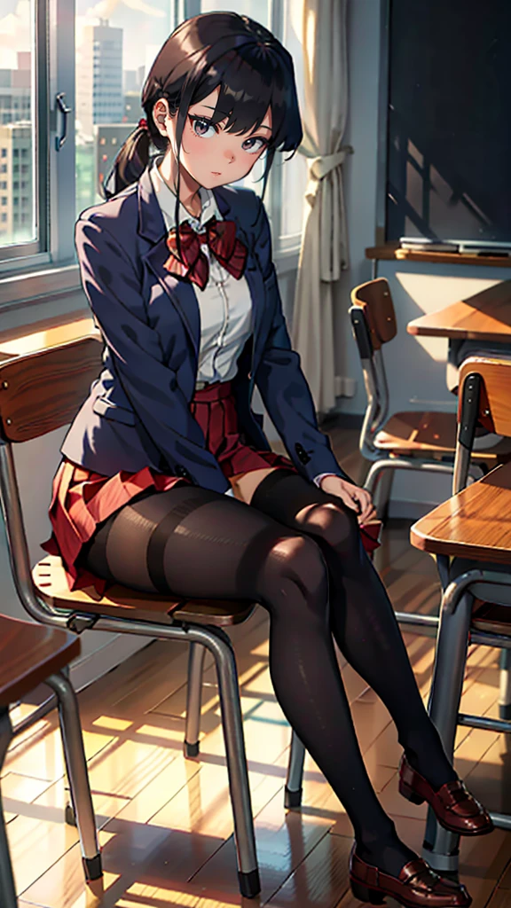 komiShouko, masterpiece, best quality, absurdres, 1girl, looking at viewer, v arms, pantyhose, classroom, , red skirt, red bow, blazer, Legs showing, beautiful legs,  window, sitting, chair, crowd
