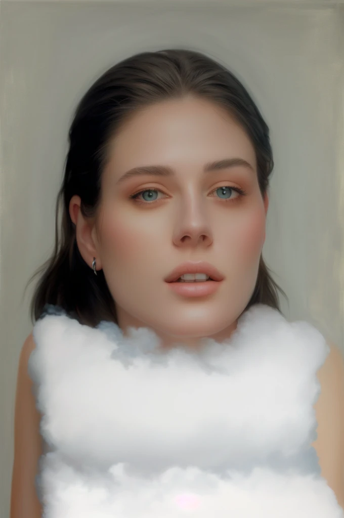 there is a Youngh girl with a white shirt and a white pillow,  clouds, Digital oil painting with airbrush, Hybrid , rosto feito de clouds, gently retouched works of art, side centered painted portrait, Youngh , realistic studio portrait, #1 digital painting of all time, # 1 digital painting of all time, soft portrait, cartoon digital painting, on a cloud