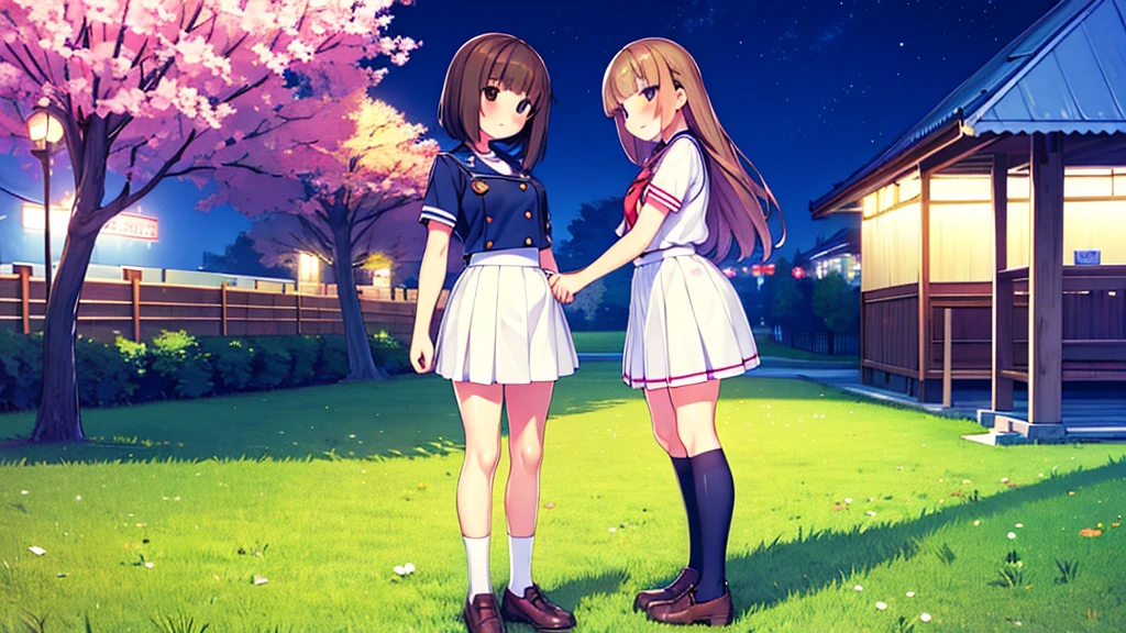 {of the highest quality], [Super beautiful], [Ultra Fine], [best illustration], NSFW,Brown hair, hime cut, by the wide, with bangs, Girl,high school student,uniform,weave,short sleeve,Skirt,smile, blush, Thin women, adult women,standing posture,(public),night park,summer festival,diagonal, Navy Blue Knee High Socks,black bread