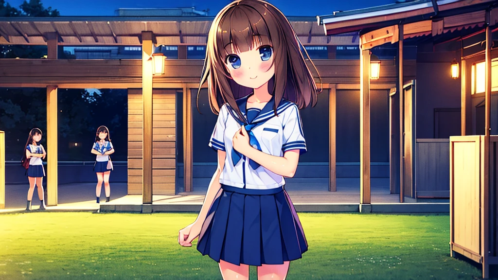 {of the highest quality], [Super beautiful], [Ultra Fine], [best illustration], NSFW,Brown hair, hime cut, by the wide, with bangs, Girl,high school student,uniform,weave,short sleeve,Skirt,smile, blush, Thin women, adult women,standing posture,(public),night park,summer festival,diagonal, Navy Blue Knee High Socks,black bread