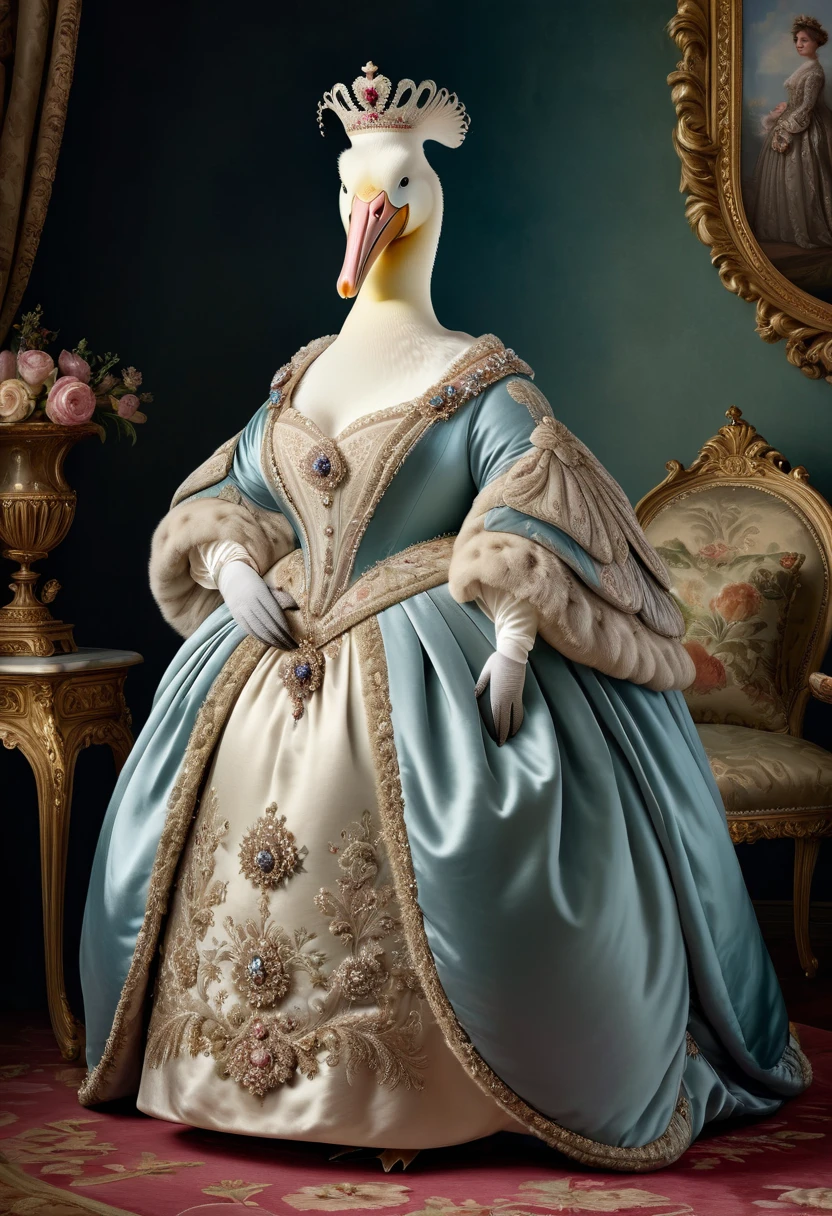 photorealistic portrait of Dressed animals - a ((fat)) (pelican) princess, (furry),(full body image:1.5),(elegant pose:1.5) Wearing luxury sack-back gown,(wearing luxury tiara),(hands on hips:1.5),(happy),(smile:1.5), Old-fashioned luxury loyal dress, detailed and opulent description of a loyal aristocratic sack-back gown in Rococo , emphasizing luxurious fabrics, intricate embroidery, and ornate accessories, Rococo style king palace background,(looking at viewer:1.5),score_9, score_8_up, score_7_up, score_6_up, score_5_up, score_4_up,