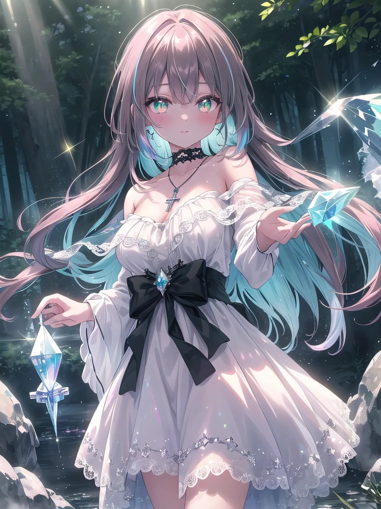 ((8k, best quality, master piece: 1.3)),super high resolution,(1 girl, solo), (colorshift eyes, hyperdetailed, expressive sparkling, glitter, glowing eyes), ultra detailed eyes, ultra-detailed face, random hair, ((pastel color)),Gothic dress, velvet, lace, black, red, choker, cross pendant, Ancient forest, green, brown, misty white, dim, misty and mystical, A dazzling scene with crystal light reflections creating a prismatic effect. The light passes through and refracts in various directions, casting colorful spots and highlights throughout the image. The main subject is bathed in soft, ethereal light that enhances their features and adds a mystical touch.
