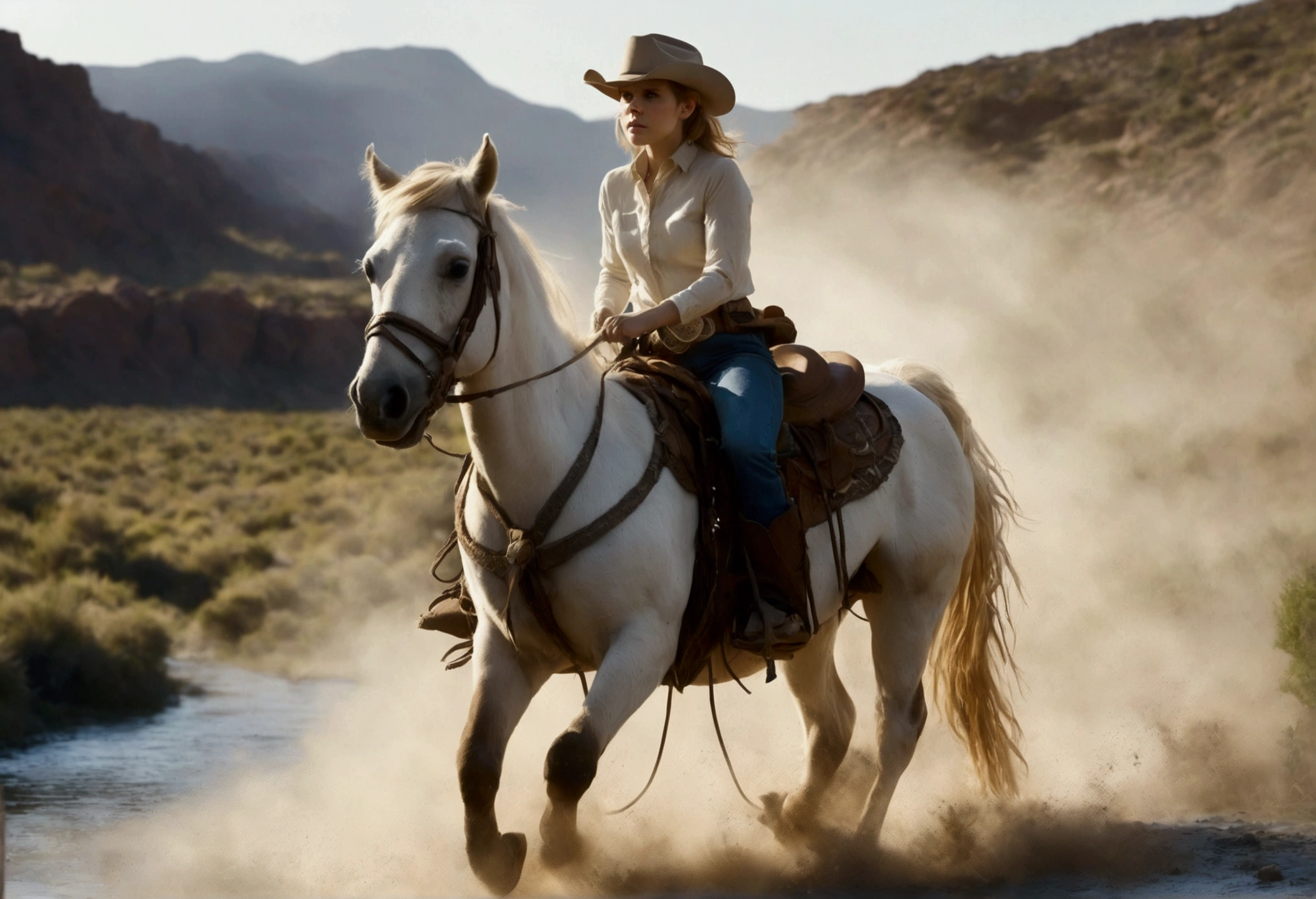 A cutee woman (Kate Mara, age 25, dirty and dingy, cowboy outfit dirty but mainly white) riding a white pony, she is part if a cattle drive crossing a stream, rolling plains
