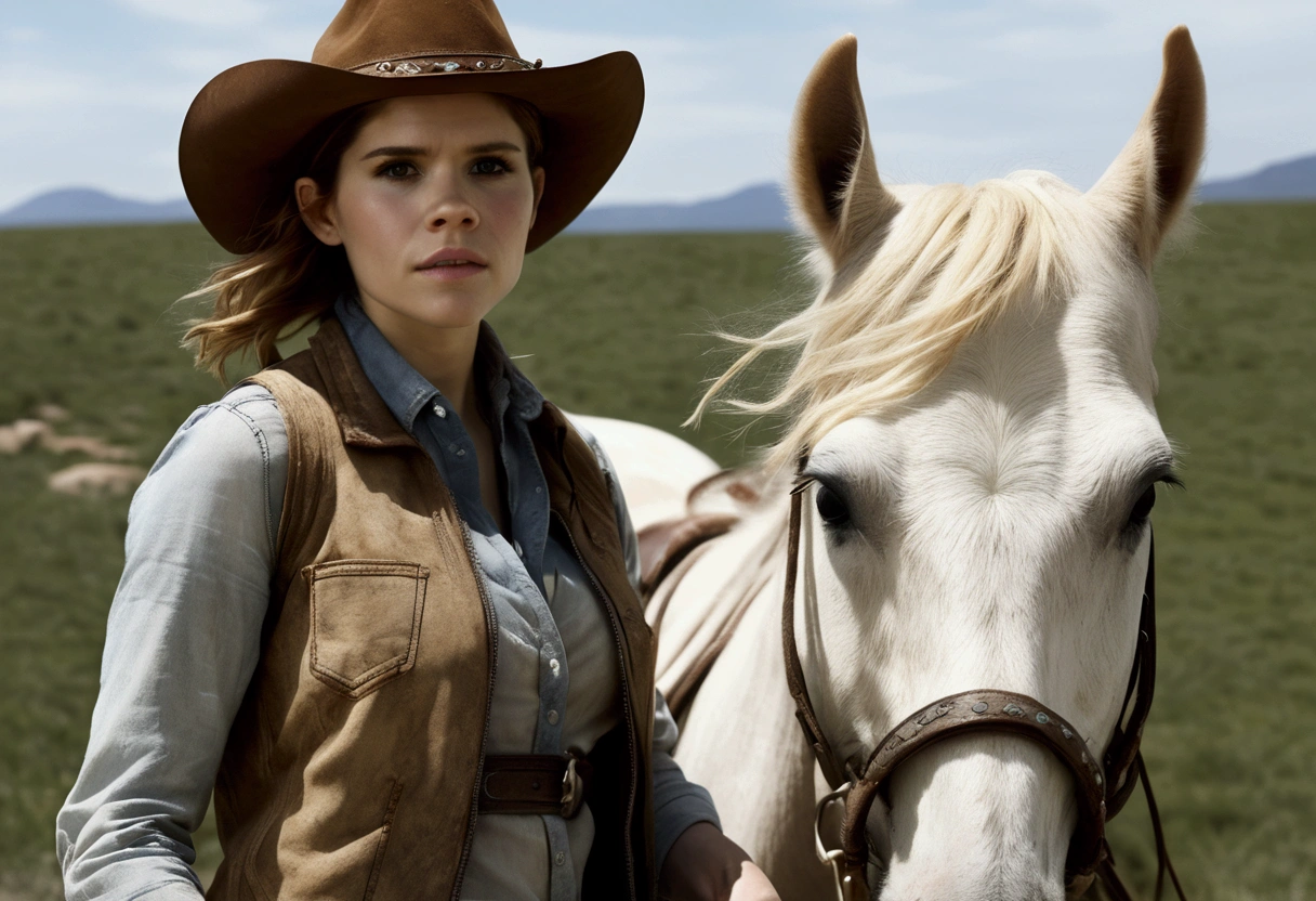 A cutee woman (Kate Mara, age 25, dirty and dingy, cowboy outfit dirty but mainly white) riding a white pony, she is part if a cattle drive crossing a stream, rolling plains