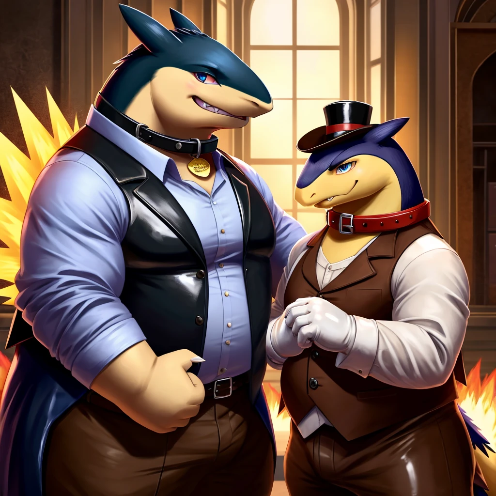 Male, fat, extremely obese, gentleman, dapper Professor Typhlosion, blue eyes, (posing:1.3), (soft shading), 4k, hi res, ((detailed face, detailed)), looking at viewer, mouth wide open, steampunk, dapper clothing, collared shirt with buttons, top hat, male focus, Explorer Outfit, glasses, monocle, vest with buttons, sleeves rolled up, round eyewear, brown headwear, brown vest, office, Typhlosion is wearing a glossy leather dog collar around the neck, Typhlosion is wearing the leather collar and shirt and vest at the same time, Typhlosion is wearing glossy white rubber gloves on the hands, wearing white rubber gloves on the feet, gloves are rubber in texture, clenching teeth, clenching fists, leather collar is glossy and shiny with a lot of detail, Typhlosion is wearing gloves and leather collar at the same time, leather collar has a round dog-tag, leather collar is thick and detailed, leather collar is glossy and shiny, fancy clothing, dapper vest, dapper shirt, leather collar is thick, glossy leather collar, a second male Typhlosion in the same attire helping the fat Typhlosion get dressed.