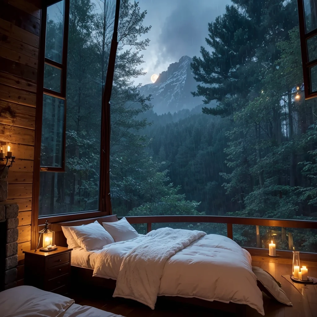 Cozy wooden room，There is a big fireplace，There is a comfortable bed in front of the large skylight, epic view, stunning windows, starry night, cozy place, home atmosphere, fairy lights, flashing, Rain aesthetics, Warm home background, Romantic心情, on a rainy night, candle, firefly, The forest outside, Romantic, lightning, Enchanted Forest, luminescent, Mountain, Ooth, Dripping, Furry blankets, soft bedroom, fluffy bed, warm pillow, dancing flames, petal, Flowers, moonlight