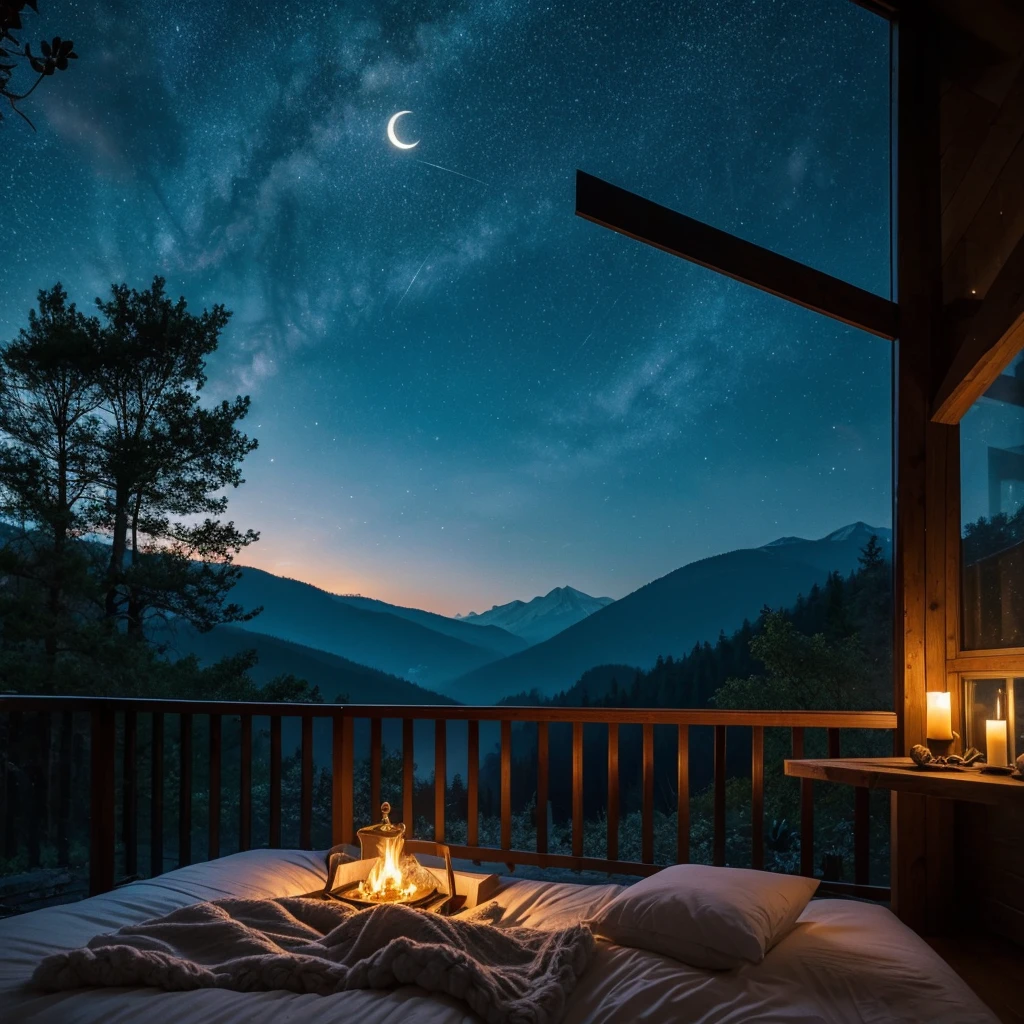 Cozy wooden room,There is a big fireplace,There is a comfortable bed in front of the large skylight, epic view, stunning windows, starry night, cozy place, home atmosphere, fairy lights, flashing, Rain aesthetics, Warm home background, Romantic心情, on a rainy night, candle, firefly, The forest outside, Romantic, lightning, Enchanted Forest, luminescent, Mountain, Ooth, Dripping, Furry blankets, soft bedroom, fluffy bed, warm pillow, dancing flames, petal, Flowers, moonlight