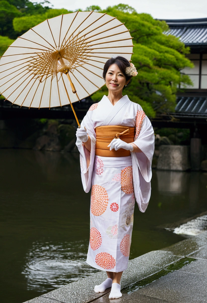 A beautiful and elegant middle-aged Japanese woman. Wearing an exquisite and elegant noble kimono, white socks and flip-flops. She holds a big oil paper umbrella in her right hand.Umbrellas covering the sun behind them appear all over Osaka, Japan. Kyoto. Gion.Kamo River. Her appearance resembles Sayuri Ishikawa.