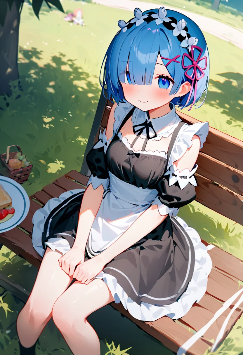 1girl, rem \(re:zero\), re:zero kara hajimeru isekai seikatsu,maid,maid dress,katyusha,sitting on the seat,holding knees,a glimpse of white panties,smile,natural lighting, outdoor picnic, sunny day,masterpiece, best quality, absurdres,