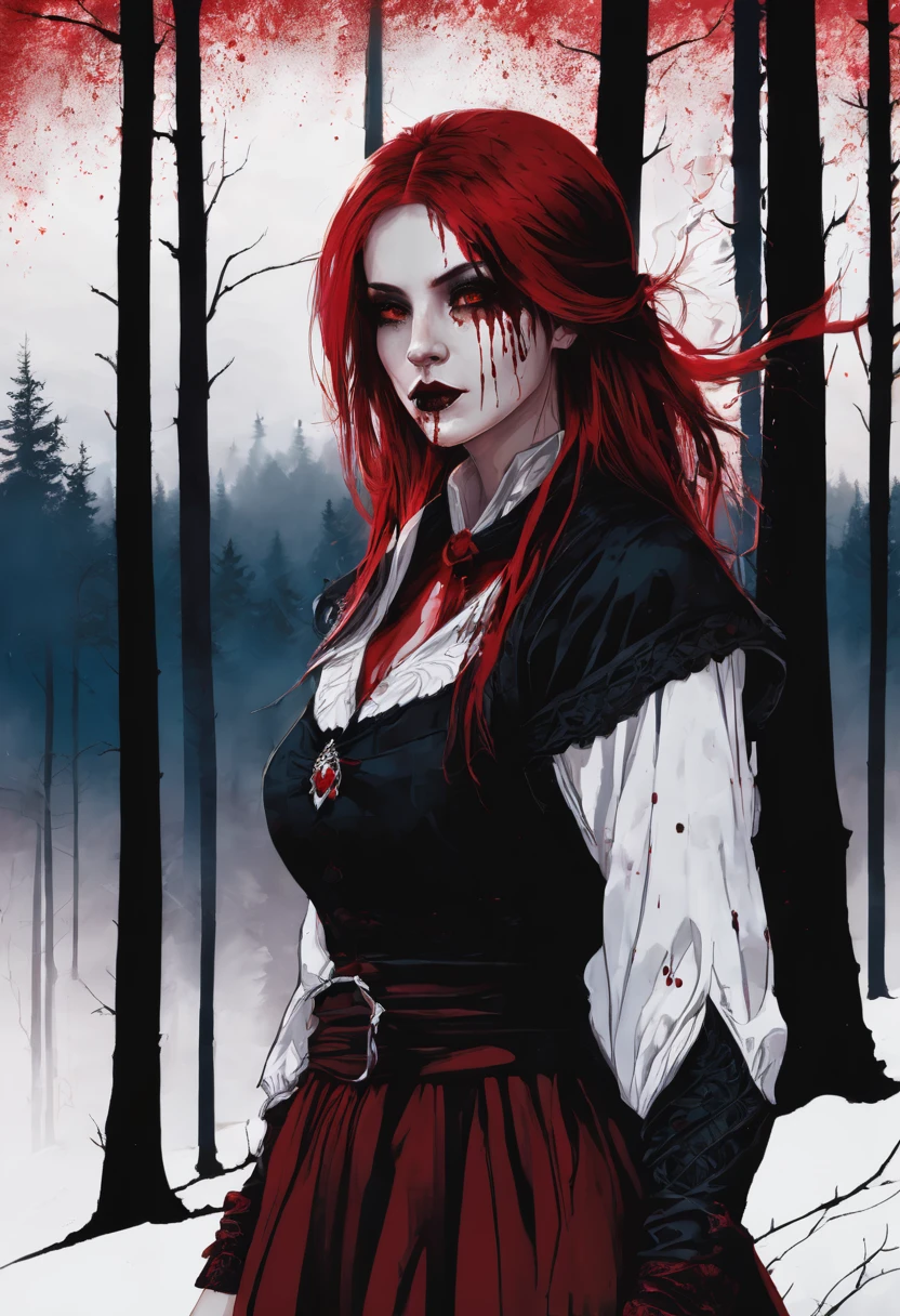 Woman, caucasiana, Eyes red, Red hair, blood witch, profile image, clothing detailed with blood, Blood around, black forest background.