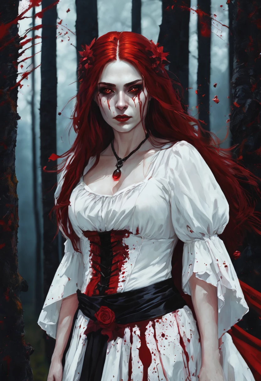 Woman, caucasiana, Eyes red, Red hair, blood witch, profile image, clothing detailed with blood, Blood around, black forest background.