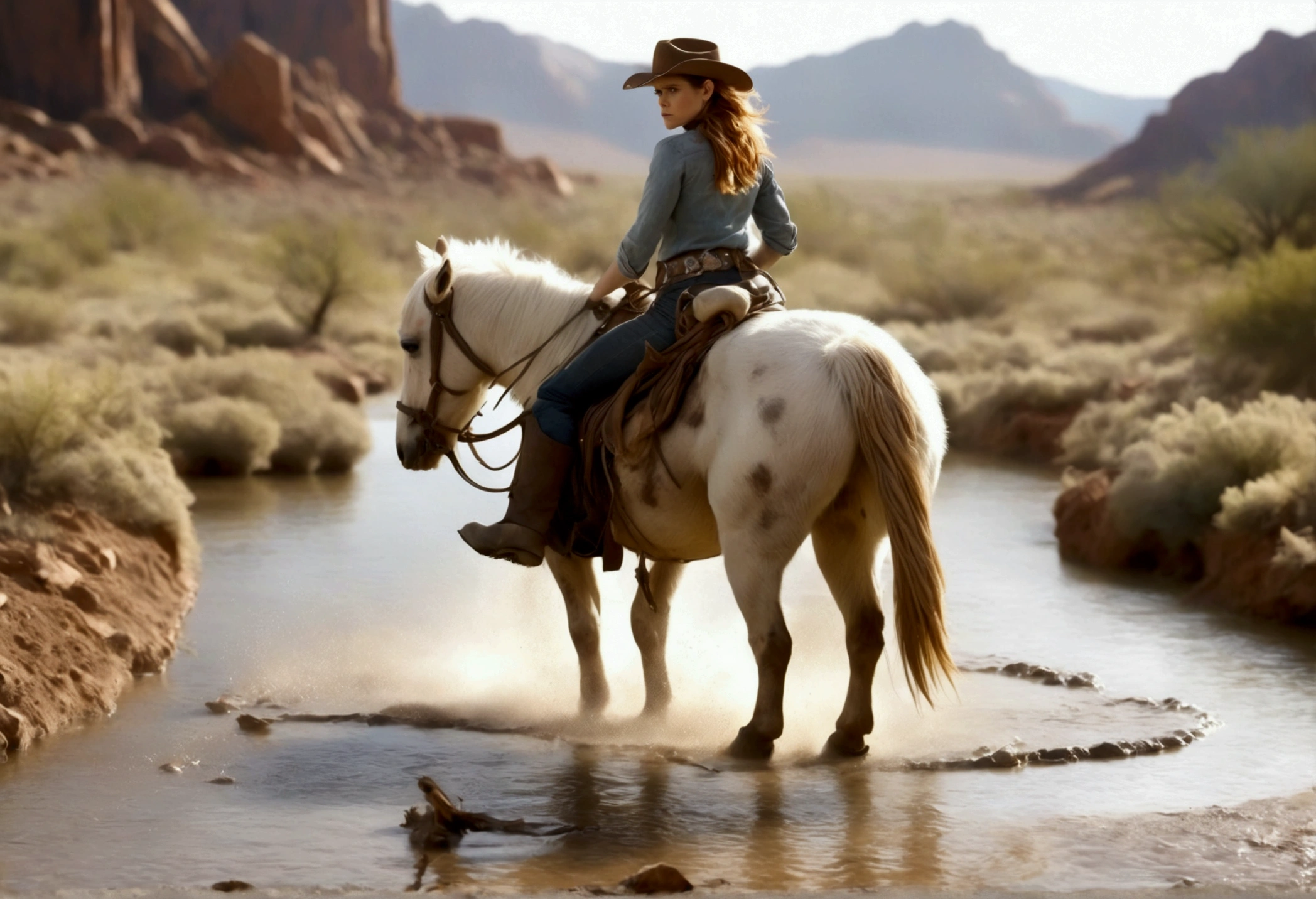 A cutee woman (Kate Mara, age 25, dirty and dingy, cowboy outfit dirty but mainly white) riding a white pony, she is part if a cattle drive crossing a stream, rolling plains