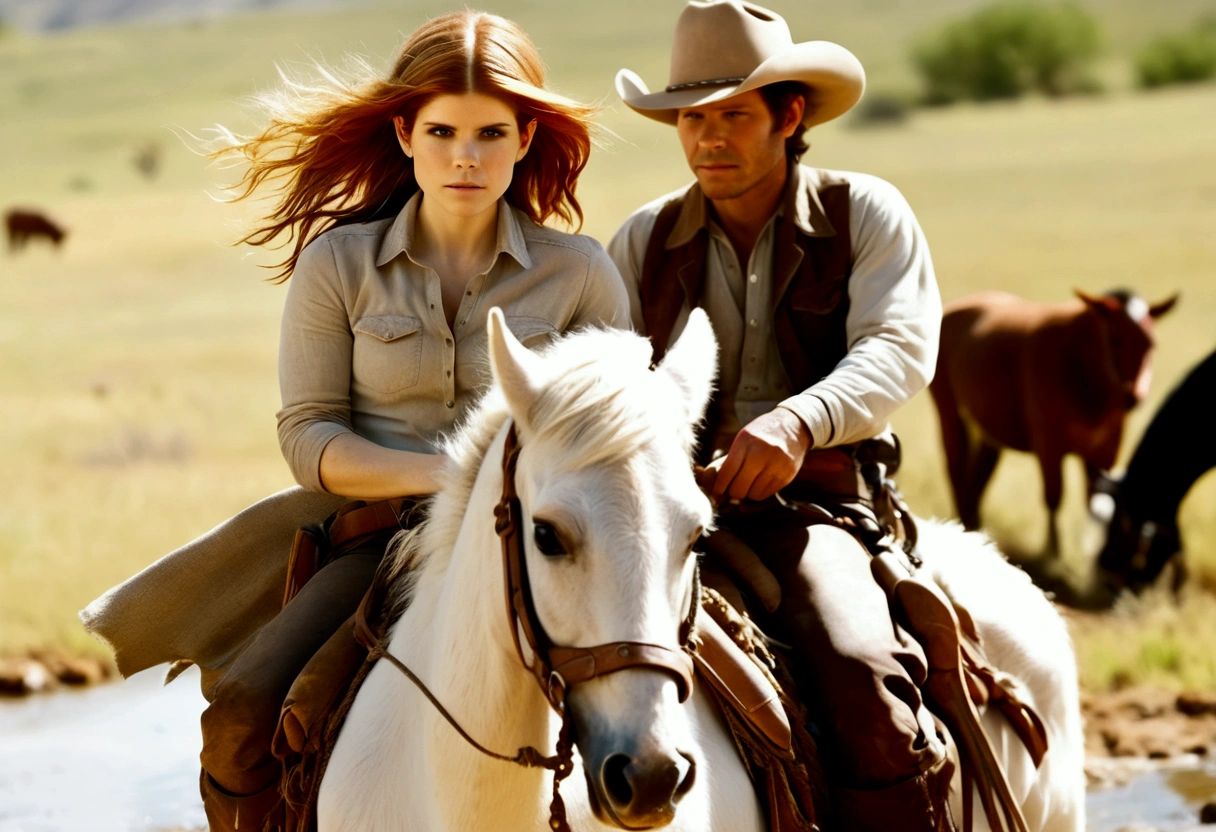 A cutee woman (Kate Mara, age 25, dirty and dingy, cowboy outfit dirty but mainly white) riding a white pony, she is part if a cattle drive crossing a stream, rolling plains