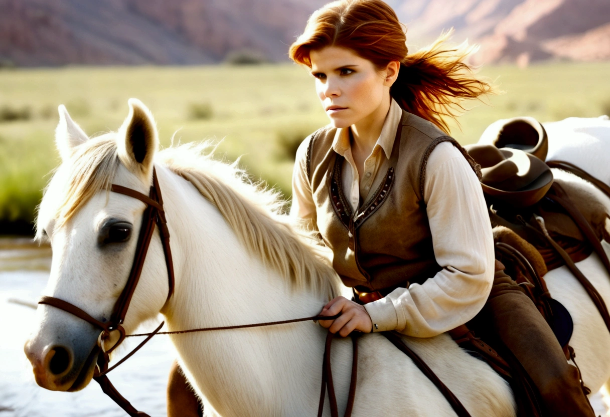 A cutee woman (Kate Mara, age 25, dirty and dingy, cowboy outfit dirty but mainly white) riding a white pony, she is part if a cattle drive crossing a stream, rolling plains
