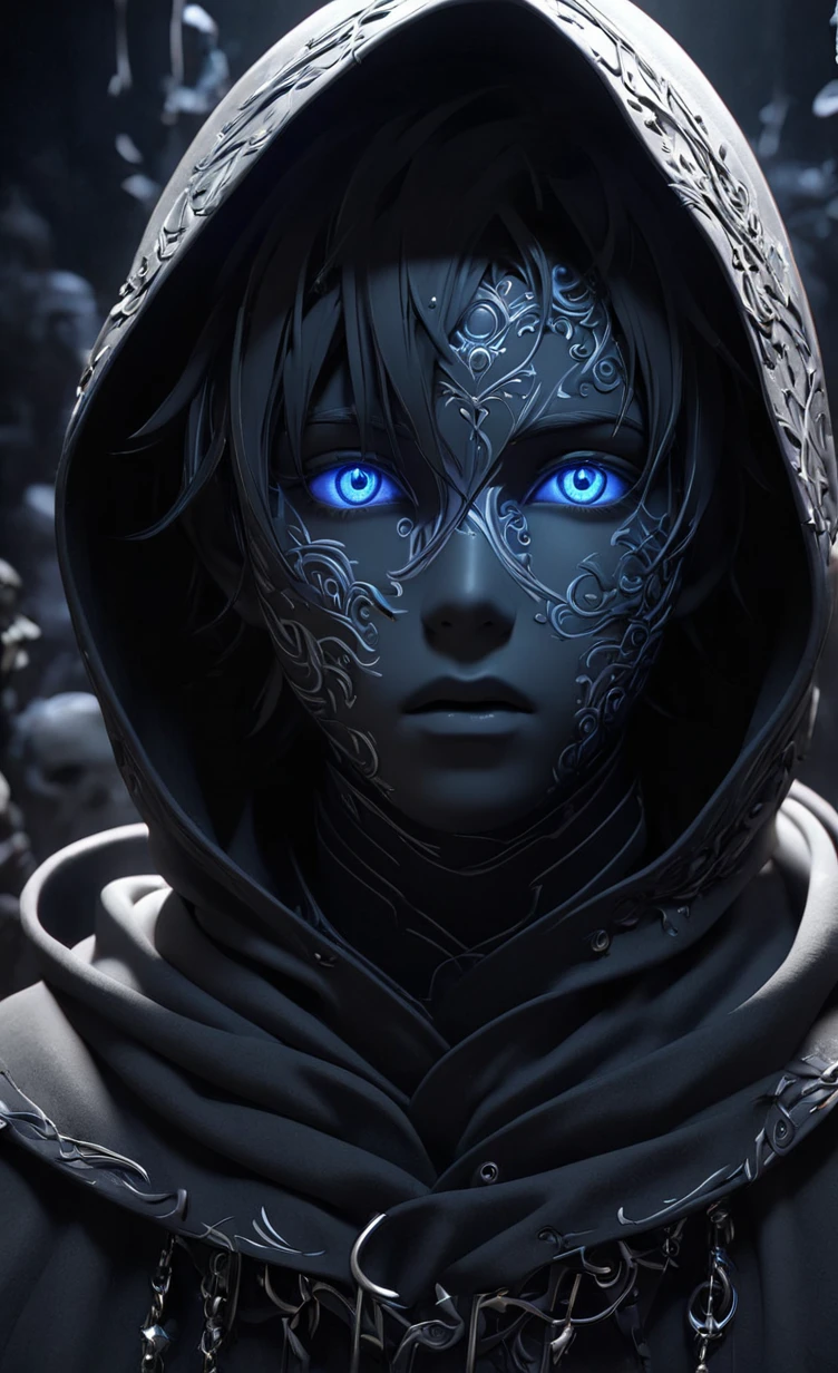 esculpido em letras góticas intricadas black mate. A captivating, mystical scene of a mysterious male entity hooded, mesmerizing entity's face remains enshrouded in darkness, Black mate skin,whisper in the darkness, evoking a sense of awe and wonder. Dark scenery., dark fantasy, cinematic, 3d render