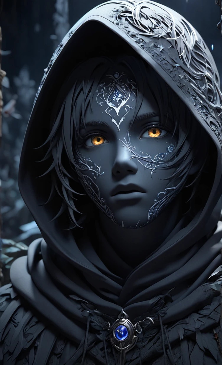 esculpido em letras góticas intricadas black mate. A captivating, mystical scene of a mysterious male entity hooded, mesmerizing entity's face remains enshrouded in darkness, Black mate skin,whisper in the darkness, evoking a sense of awe and wonder. Dark scenery., dark fantasy, cinematic, 3d render