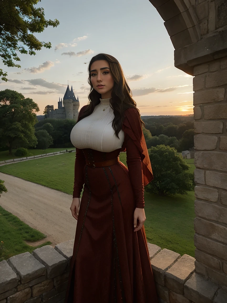 Gorgeous and sultry busty athletic (thin) brunette queen with sharp facial features wearing a modest updo, dark red medieval dress, long sleeves, intricate patterns, scrollwork, wide neck, crown, veil, long dress, modest dress, tight bodice, silver belt, (waist chain), medieval jewelry, Middle Ages, castle, rampart, wall, exterior, on top of a castle wall, trees, countryside, evening, sunset. large breasts.