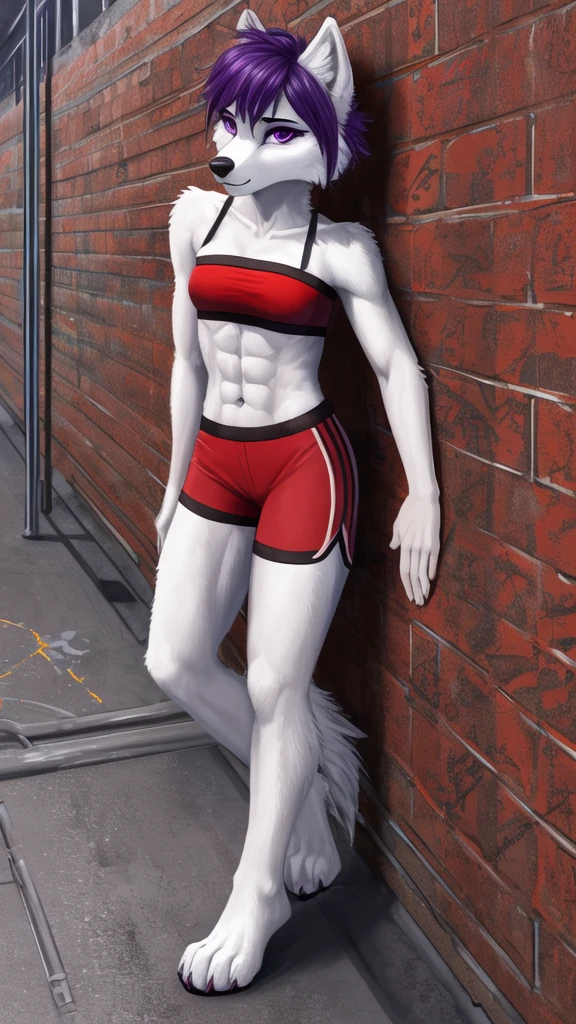 masterpiece, top quality, best quality, highly detailed, 8k, super high resolution, absurdres, perfect anatomy, dynamic_angle, (highly detailed beautiful face and eyes), solo focus, purple eyes, dark purple hair, ((short hairstyle)), (furry female anthro), (adult), (full body), (((furry white wolf body))), (wolf snout, detailed dark body fur), ((red sports bra, green bandeau, red spandex shorts)), small breasts, (toned abs), hip tuft, leg tuft, ((gloomy facial expression)), barefoot, (looking at viewer), ((leaning against wall, side against wall, standing against wall)), warehouse, industrial background, factory, crates, graffiti, pipes, yellow fluorescent lights, night, 1 female, solo