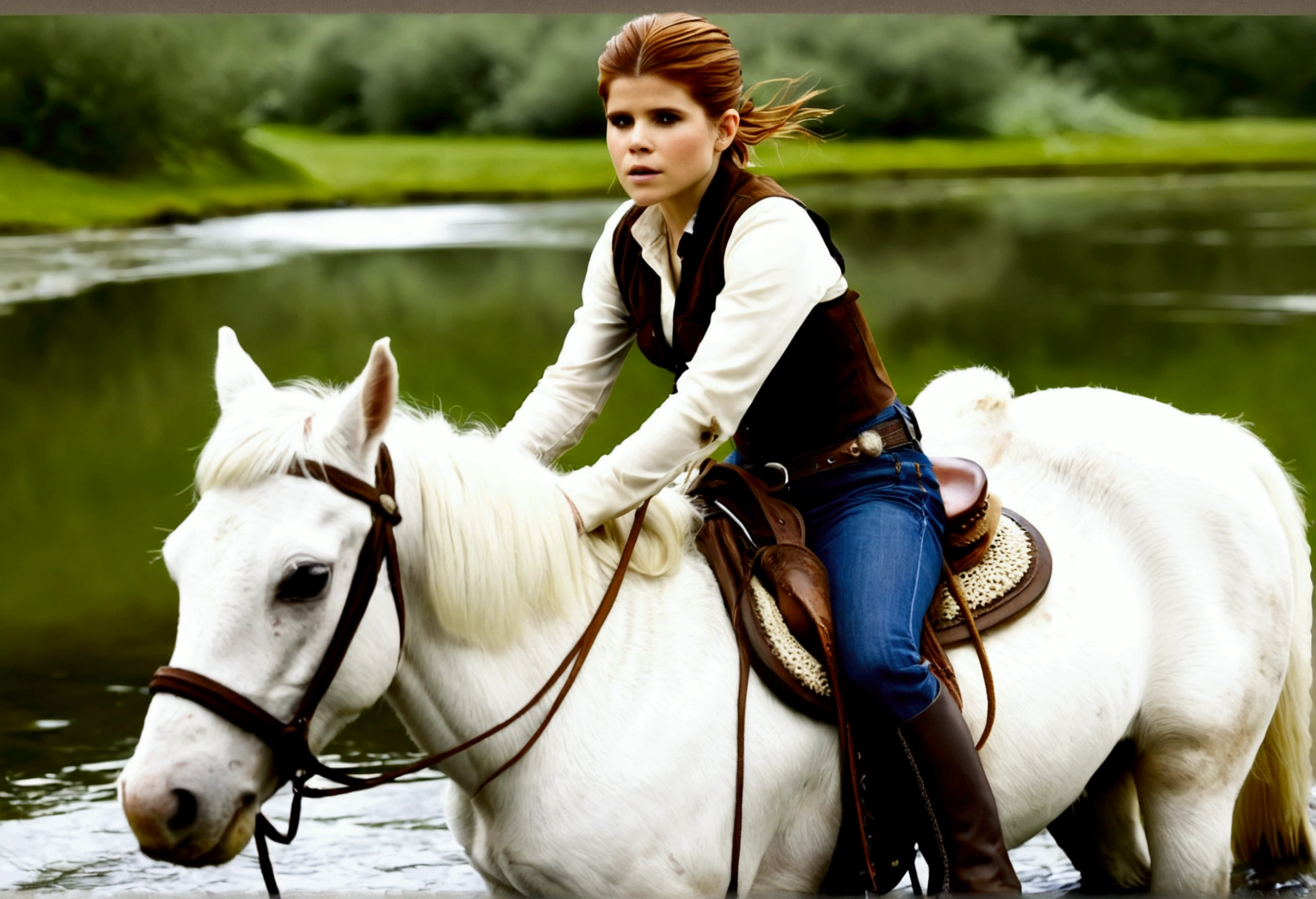 A cutee woman (Kate Mara, age 25, dirty and dingy, cowboy outfit dirty but mainly white) riding a white pony, she is part if a cattle drive crossing a stream, rolling plains