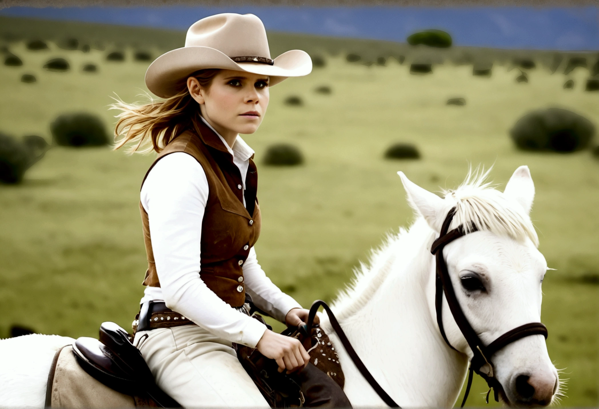 A cutee woman (Kate Mara, age 25, dirty and dingy, cowboy outfit dirty but mainly white) riding a white pony, she is part if a cattle drive crossing a stream, rolling plains