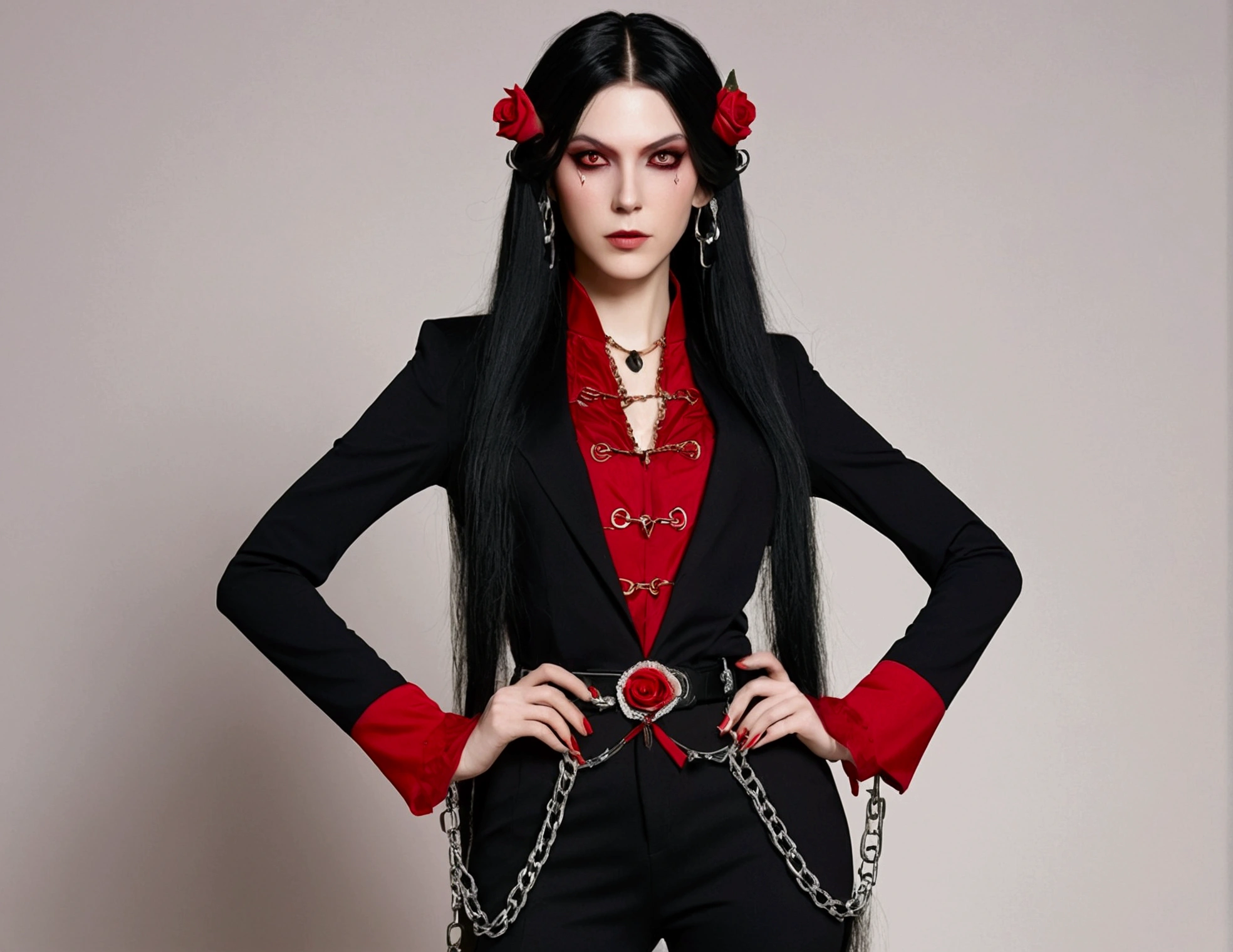  tall woman, long black hair, red and black women&#39;s SUIT, black pants, belt with chains, rose covering one eye, elf ears, series A, red eyes with thin pupils