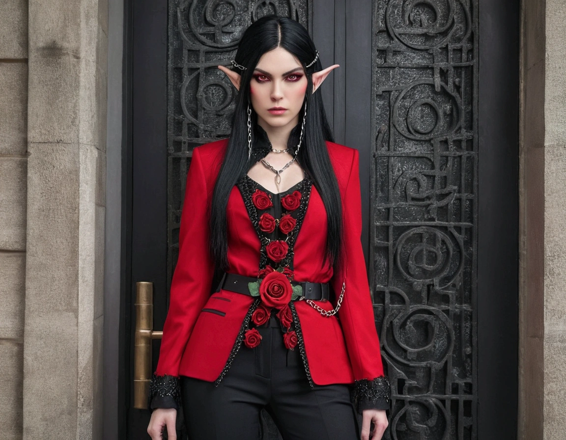 tall woman, long black hair, red and black women's SUIT, black pants, belt with chains, rose covering one eye, elf ears, series A, red eyes with thin pupils