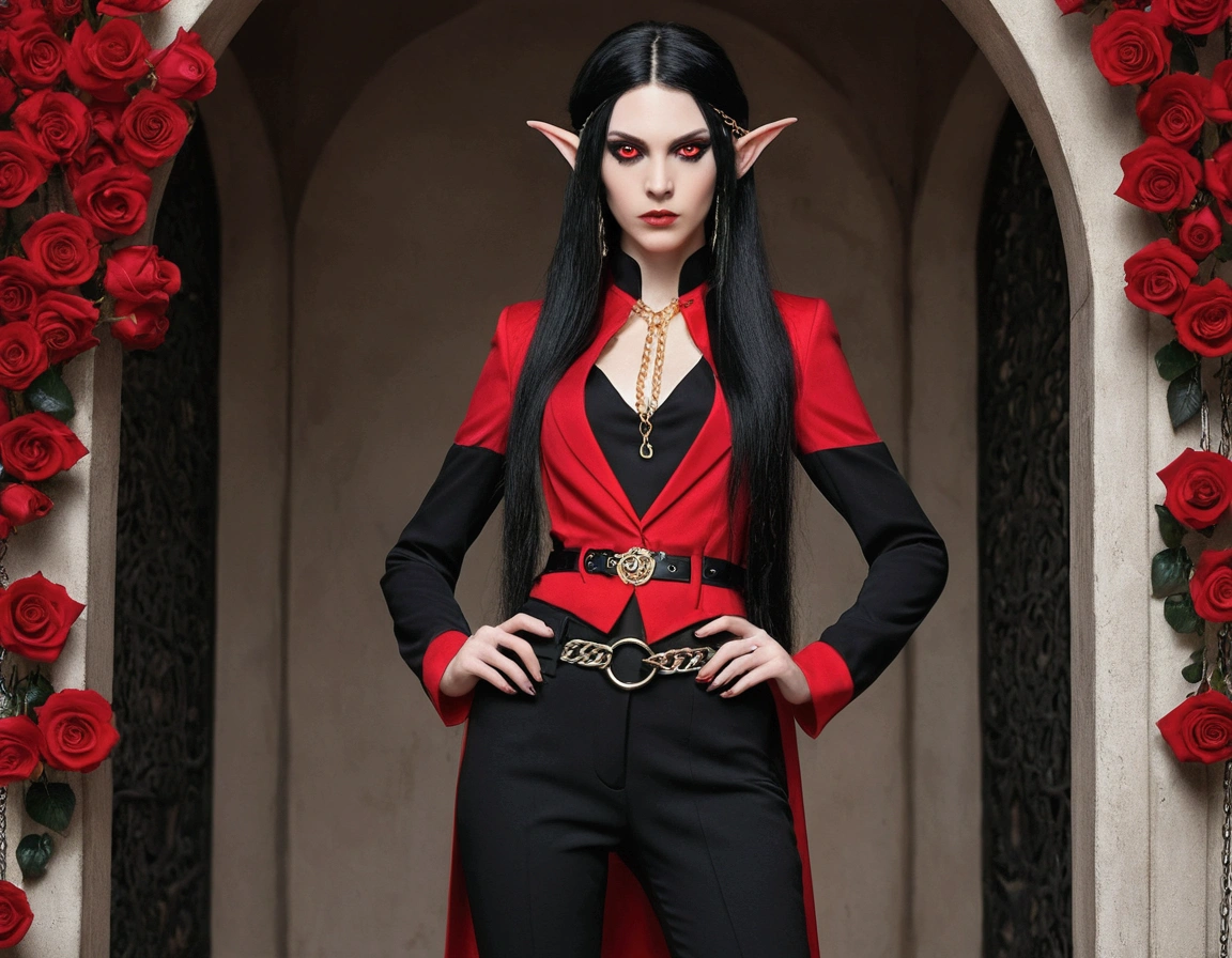  tall woman, long black hair, red and black women&#39;s SUIT, black pants, belt with chains, rose covering one eye, elf ears, series A, red eyes with thin pupils