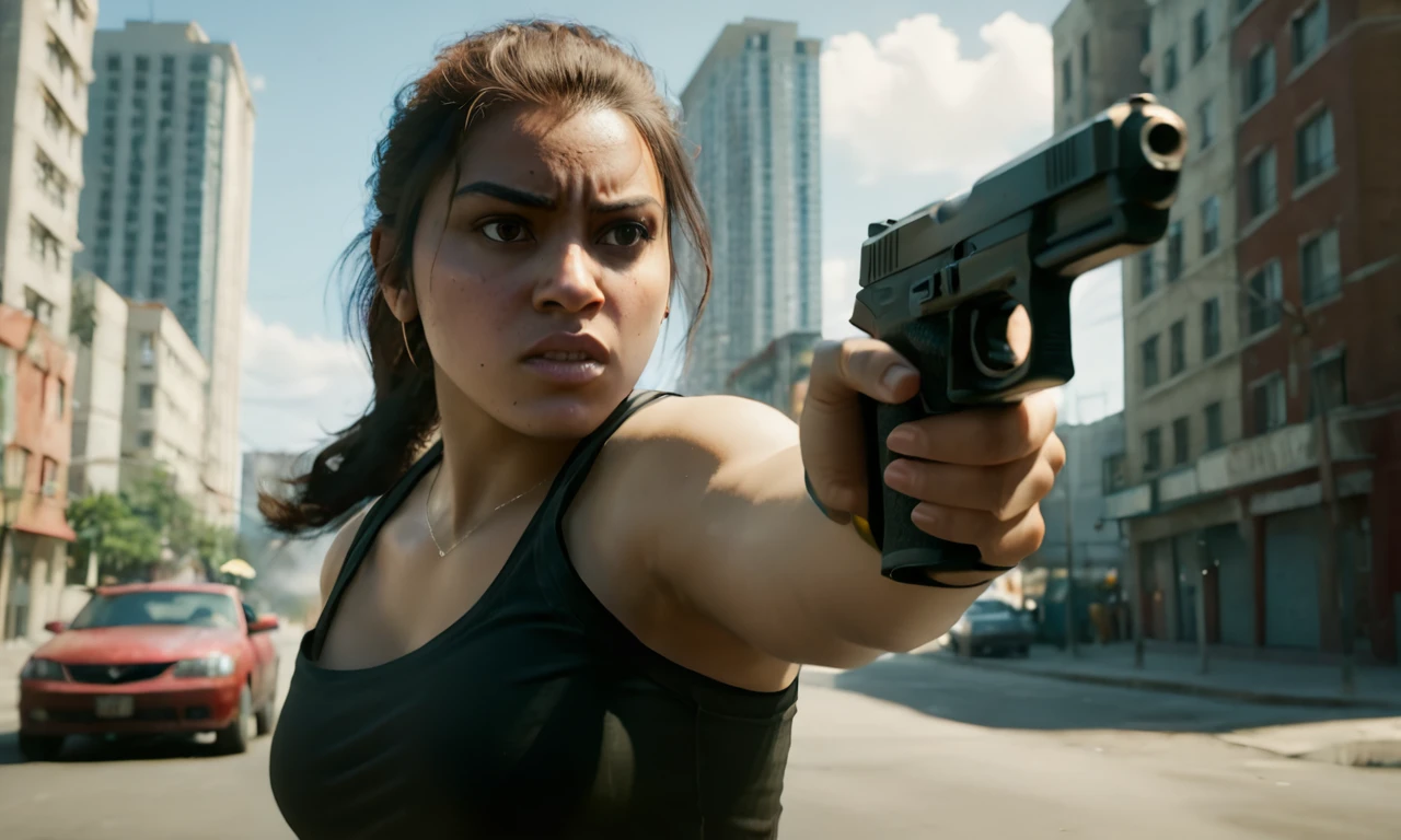 Visualize a dramatic scene set during the daytime where a young woman titled 'LuciaGTA6SDXL', is holding a gun. Her expression is intense and focused, with sunlight casting strong shadows across her determined face. The backdrop is urban, with buildings and street signs adding to the gritty atmosphere. Capture the tension in her stance and the firm grip on the weapon, suggesting readiness for action. The scene should evoke a sense of urgency and suspense, drawing viewers into the intensity of the moment.