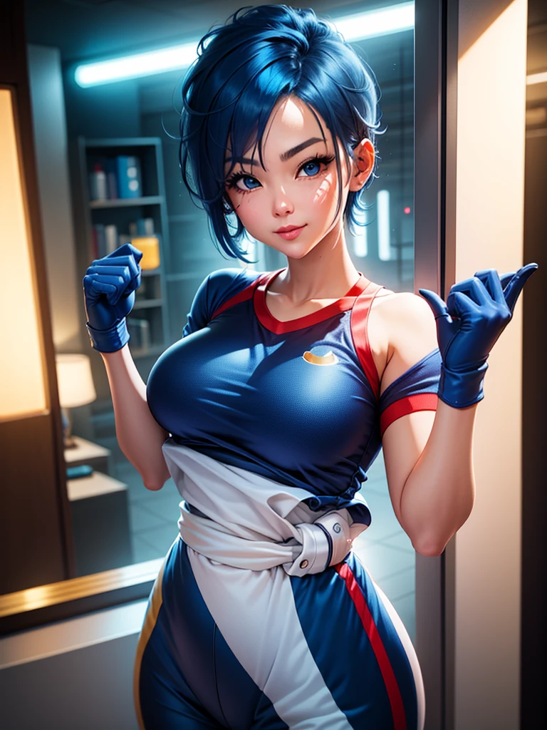 (at night), in a video game scene, a background of a beautiful city during the day raining, standing at attention, semi-short blue hair, blouse with an anime frog face, white flared pants, wearing blue fingerless exercise gloves, has round goggles on her head, huge belt with a round eyeglass, ((blue hair)), 1 girl, alone, 20 years old, young woman, perfect hands, beautiful fingers, beautiful long legs, beautiful body, beautiful nose, beautiful design of characters, perfect face, looking at the viewer with serious gesture (focusing on his face), closed mouth, Light_Smile, official art, extremely detailed CG unity 8k wallpaper, perfect lighting, bright and colorful front lighting, glowing skin (masterpiece : 1.0), (best_quality: 1.0), ultra high resolution, 4K, ultra detailed photography, 8K, HDR, high resolution, nonsense:1.2, Kodak portra 400, film grain, background blur, bokeh:1.2, lens flare, (vibrant_color:1.2), professional photography, (beautiful_face: 1.5), (narrow waist),