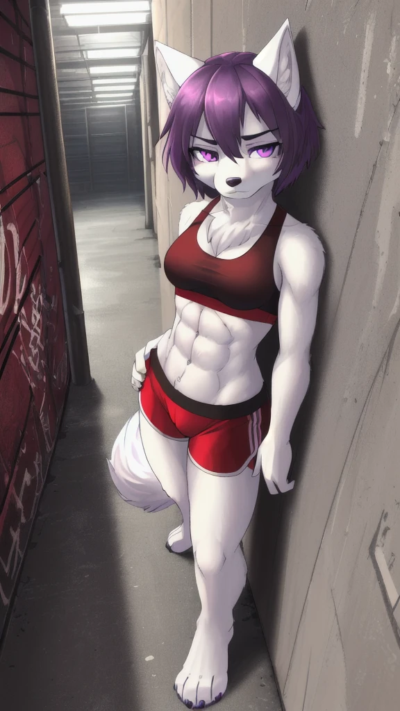 masterpiece, top quality, best quality, highly detailed, 8k, super high resolution, absurdres, perfect anatomy, dynamic_angle, (highly detailed beautiful face and eyes), solo focus, blue eyes, black hair, ((short hairstyle)), (furry female anthro), (adult), (full body), (((furry white wolf body))), (wolf snout, detailed dark body fur), ((red sports bra, green bandeau, red spandex shorts)), small breasts, (toned abs), hip tuft, leg tuft, ((gloomy facial expression)), barefoot, (looking at viewer), ((leaning against wall, side against wall, standing against wall)), warehouse, industrial background, factory, crates, graffiti, pipes, yellow fluorescent lights, night, 1 female, solo