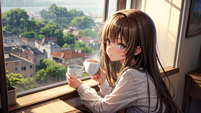 Anime girl with olive skin and light brown hair, watching the rain through the bedroom window, having a cup of tea while watching the scenery.