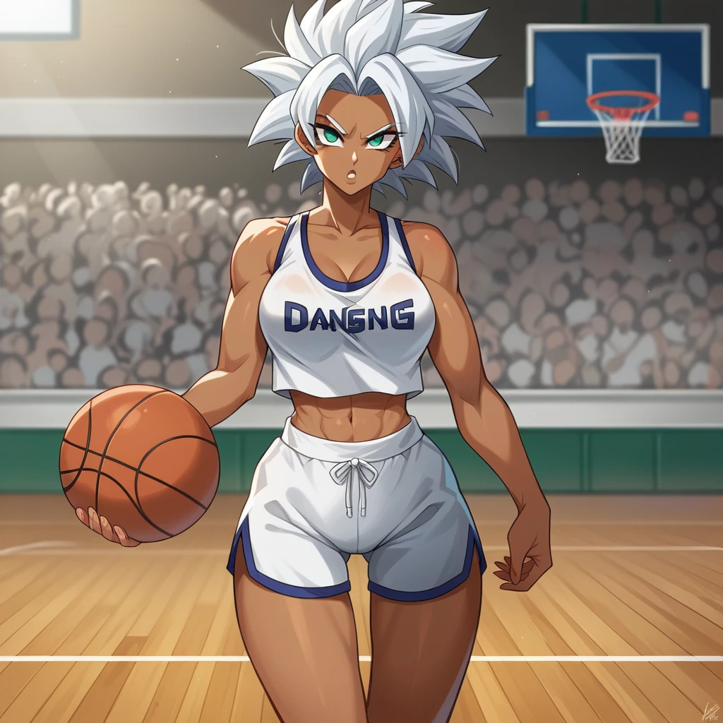 1girl, alone, Saiyan, spiky white hair combed back , green eyes, slim, thin waist, wide hips, dark skin, medium breasts,shirt number 10, white sports shorts, shooting ball into ,   dunking ball on basket, on a street basketball court, open air.
