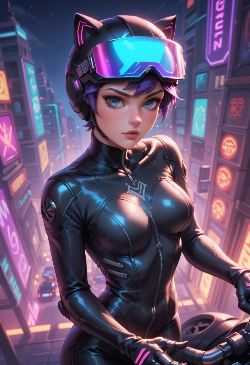 Image 16k, Great [Catwoman | Catwomen], black tight leather biker suit on the body, biker costume, biker gloves, (big breastes), (slim athletic body), futuristic (All closed cyber helmet) with big cat ears, faceoff, ciberpunk, lascivious, enticing, Tilting, Tilting, sexypose, Top view, (against the backdrop of the night neon cyber city), Detailed digital art, Cybernetics, Detailed palms, detailed biker gloves, glowing neon inserts on the suit, neon helmet visor, neon inscriptions in cybernetic language on the helmet, glowing neon symbols,cyberbody
neonbody
