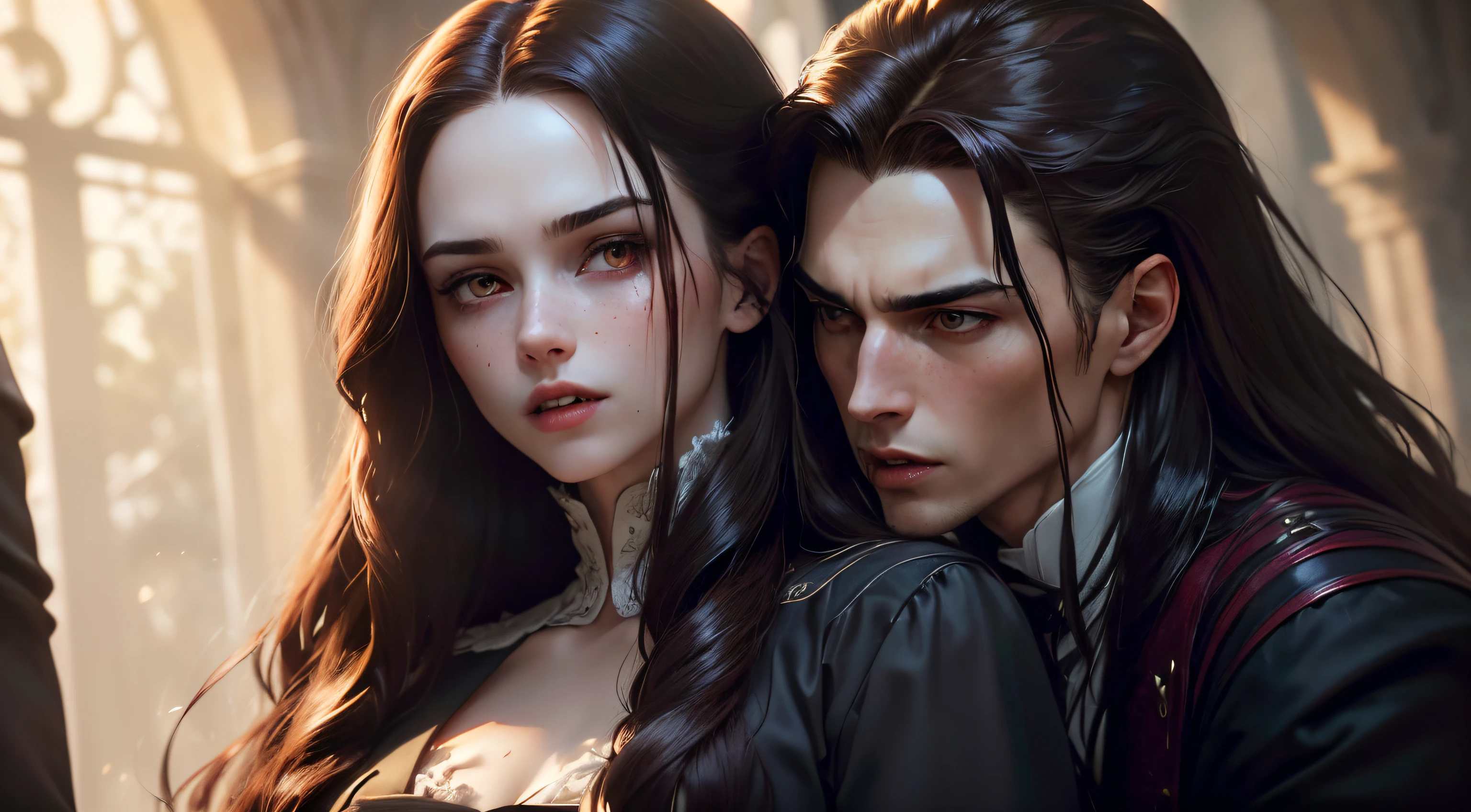 ((1mâle), vampire, ((vampire King)), Aro Volturi, longs cheveux noirs, cheveux repoussés, beau face, complet_corps, costume, peau pâle, peau ivoire, mature, les yeux rouges, beau, officiel_tenue) ((1femelle, 1femme) Bella Swan, fille humaine, longs cheveux châtains ondulés, yeux marron chocolat clair, taches de rousseur, Adolescent, 18 ans, fond de forêt, expression curieuse) (chef-d&#39;œuvre, Super détaillé, 8k, (, deux personnages, haute définition, lumière du soleil:0.5, Doux_ombres:0.5, atmosphérique_éclairage, 8k, 4k, hyper réaliste, élégant, ((((apparition cinématographique)))), tons doux, lumières cinématographiques douces)) ((vampire King biting Female’s neck))