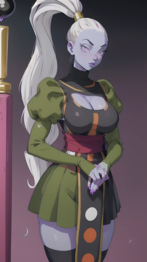 Dress_DragonBallSuper_Vados_ownwaifu, ultra detailed, ((photo realistic)), masterpeace, ((cutesexyrobutts style)) , 
1girl, blue skin, white hair, hair pulled back, high ponytail, purple eyes, colored skin, alien, long hair, very long hair, lipstick, makeup, purple lips, breasts, large breasts, cleavage, down blouse, eyelashes,  jewelry, purple nails,
puffy sleeves, long sleeves, dress, juliet sleeves, sash, green skirt,  puffy long sleeves, turtleneck,
((masterpiece)),((best quality)),(highres, absurdres), depth_of_field, scenery, spotlight, looking at viewer, solo, cowboy shot, sharp, clean black lines