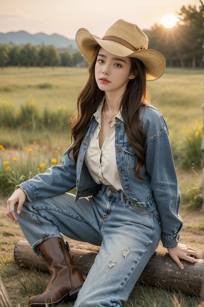 (((best quality))),(((ultra detailed))),(((masterpiece))),illustration,1girl,cowgirl,redhead,sun-kissed skin,leather cowboy hat,dark blue button-down shirt,embroidery,well-fitted jeans,brown leather boots,delicate silver locket,plains,wildflowers,swaying grass,lazy river,sunset,golden glow,silhouette,wind,,pioneer,indomitable spirit,Wild West
