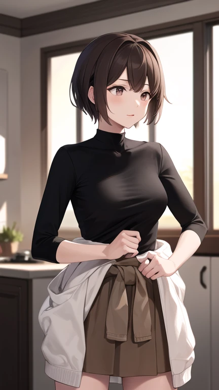 masterpiece, best quality, highres, hyuugaise, short hair, black shirt, skin tight, brown skirt, clothes around waist, cowboy shot, standing, indoors