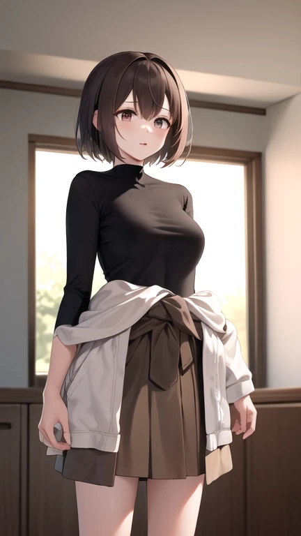 masterpiece, best quality, highres, hyuugaise, short hair, black shirt, skin tight, brown skirt, clothes around waist, cowboy shot, standing, indoors