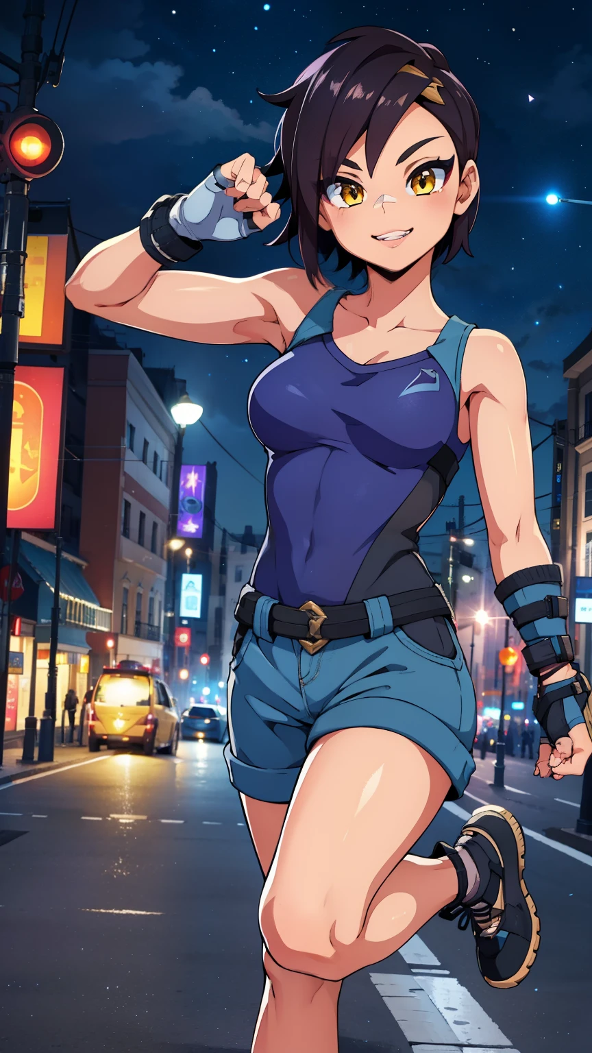 street dancer,  short hair, brown hair, yellow glowing eyes, perfect lips,big smile , confident smile,cute expression, cute face, cute pose, fingerless gloves, gun, tank top, jacket, cute pose, ultra detailed face, long eyelashes, sharp eyes , Fullbody shot, dinamic viewer, night sky 