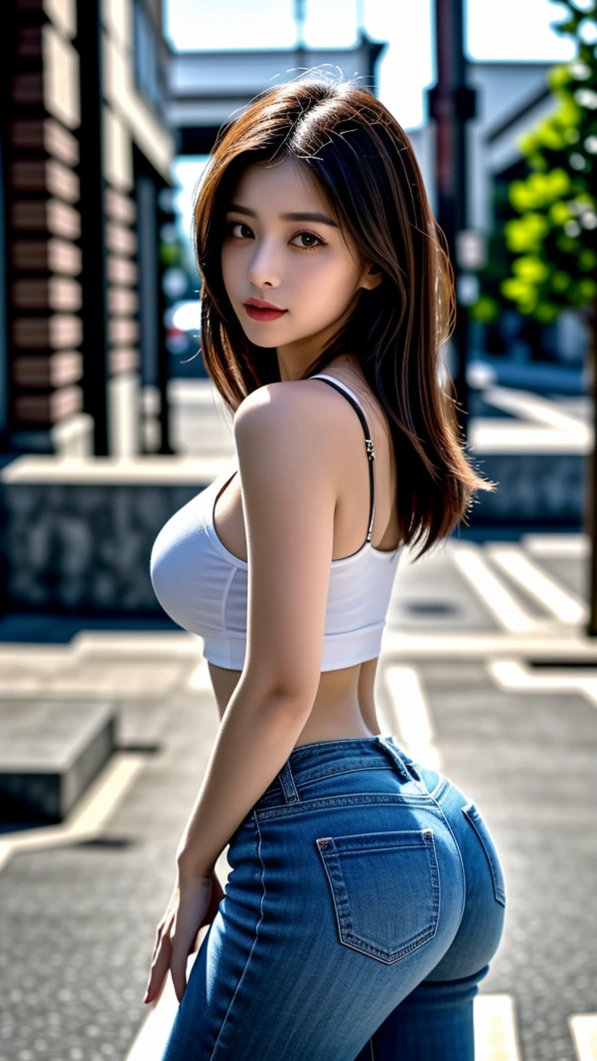 ((masterpiece))),(best quality photo detailed),8k,(1 female),(realistic Asian girl),detailed face,detailed eyes,detailed lips,detailed skin,detailed body,une jolie fille, Marcher dans les rues, Portez un crop top et un jean moulant, 18 ans, seins mignons, Cul mignon, visage mignon, Makeup, eyeliner, cils, shows her ass while looking towards the camera,special quality photo.